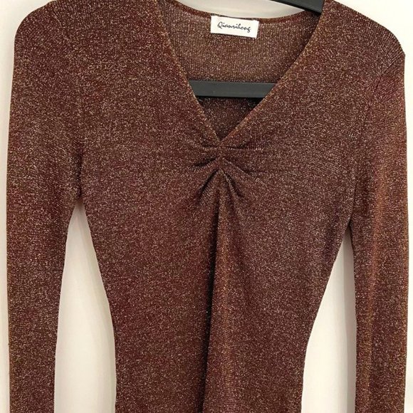 v neck semi sheer ruched shimmer brown top - Picture 1 of 2
